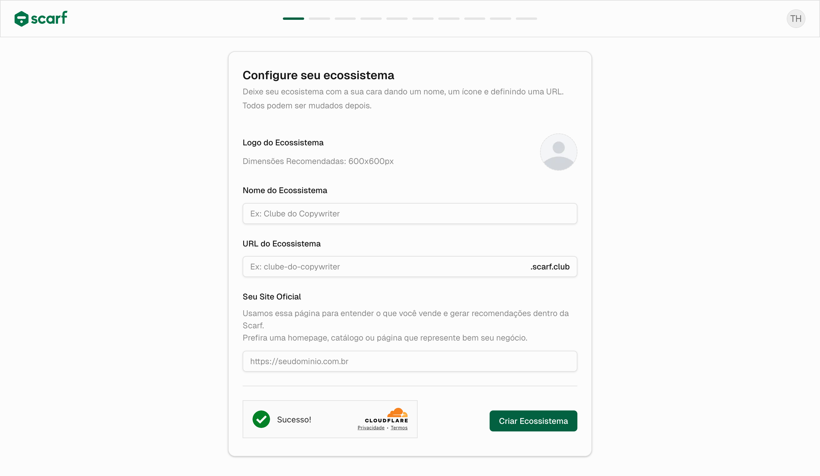 Tela inicial de configuração do ecossistema