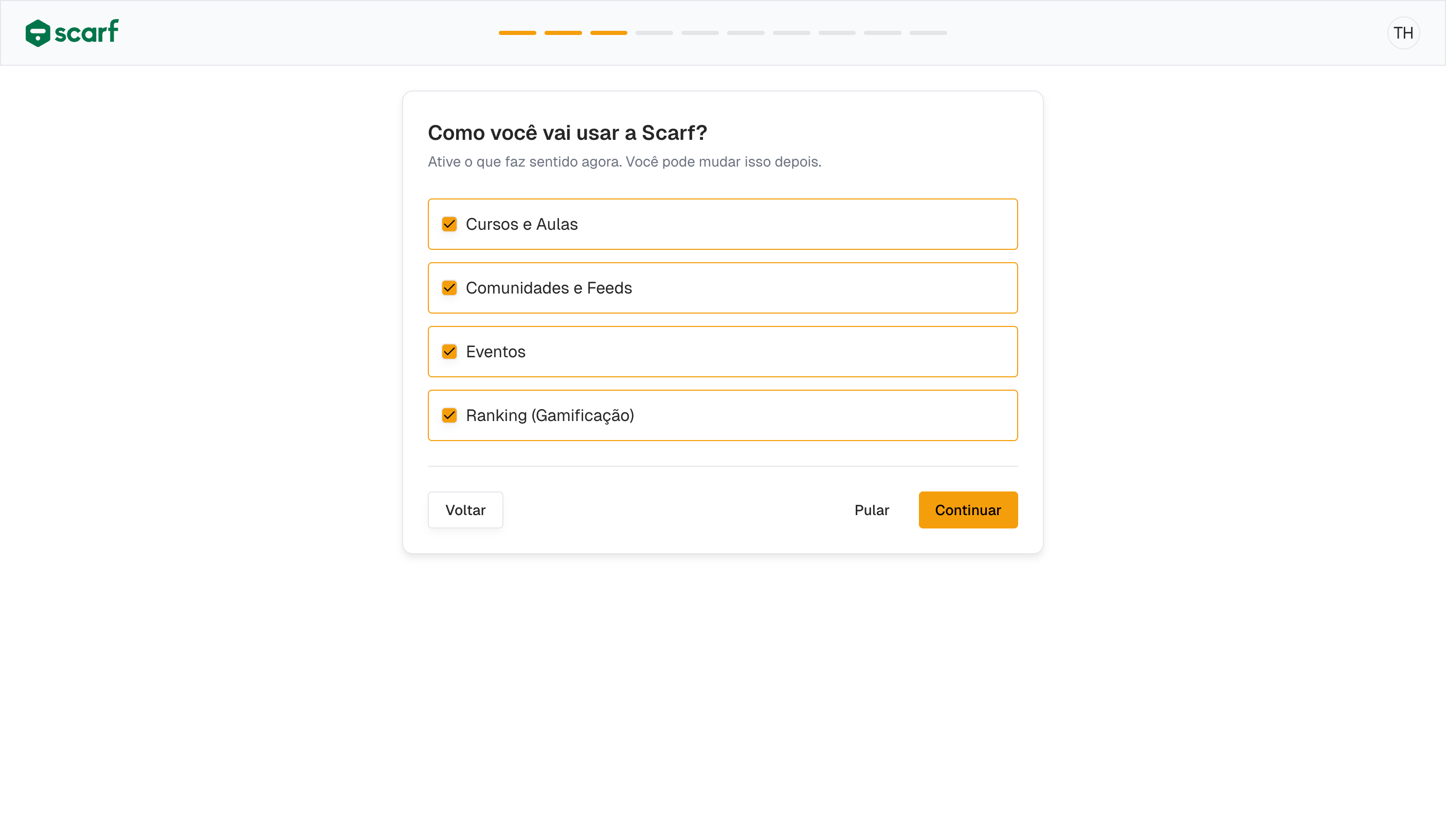 Tela de seleção de funcionalidades