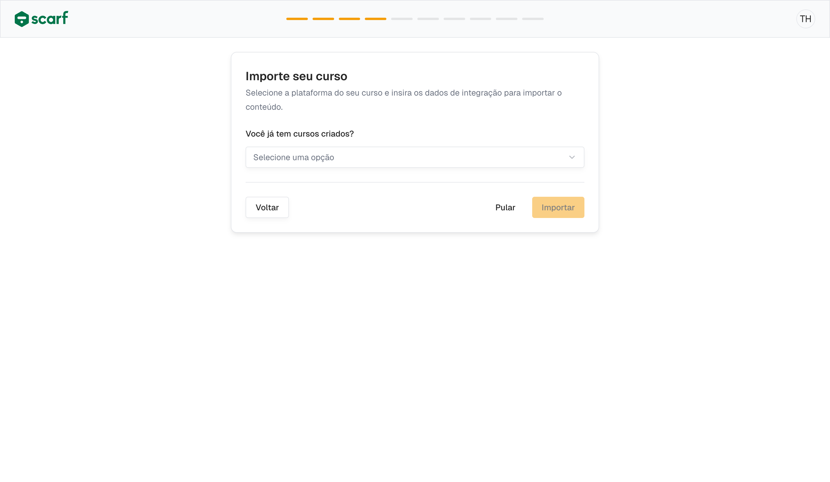 Tela de importação de cursos