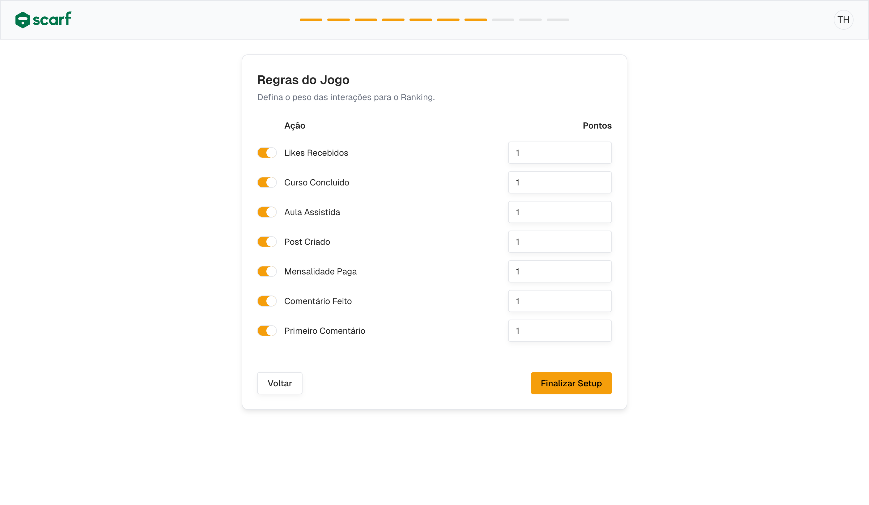 Tela de configuração de regras do ranking