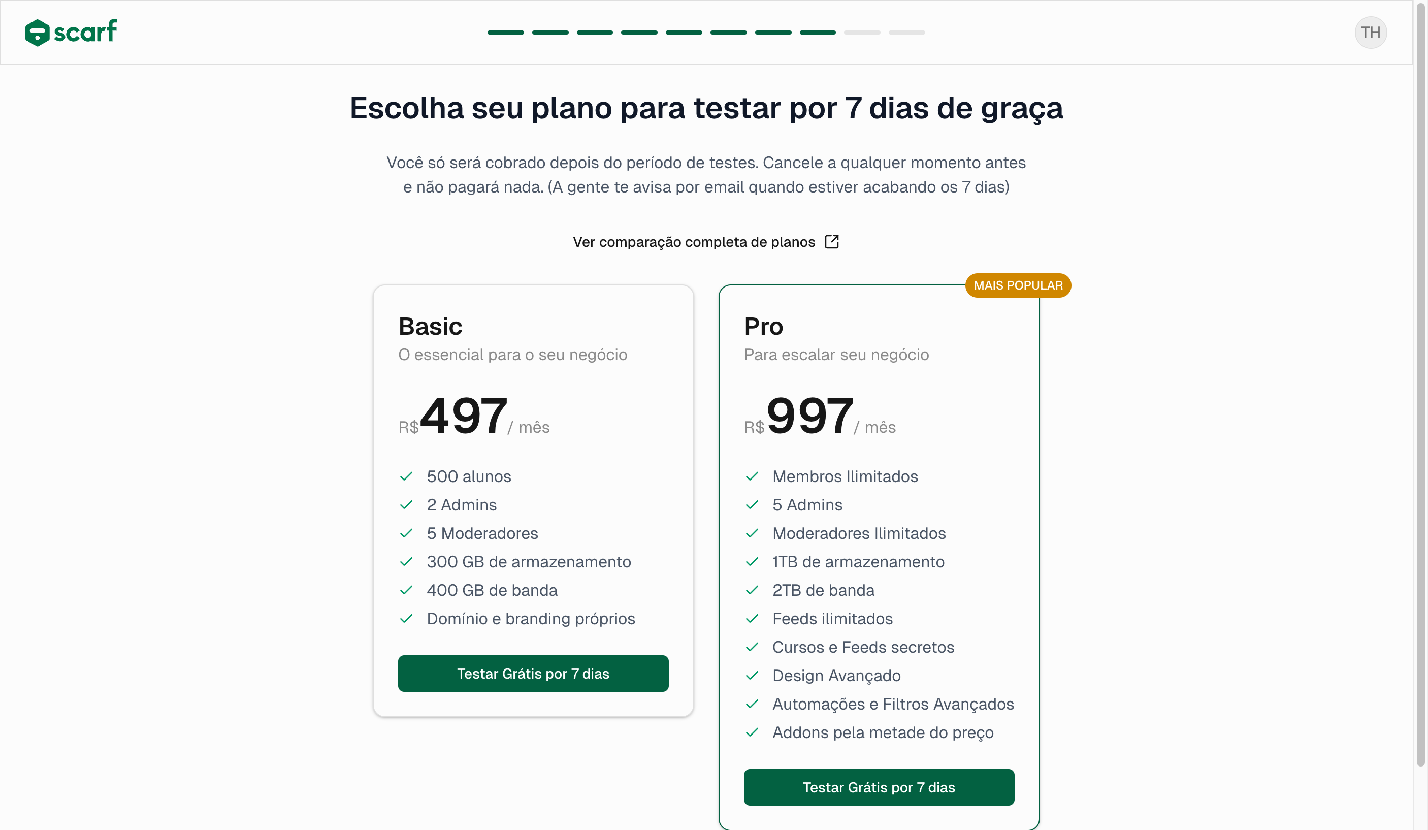 Tela de escolha de planos com 7 dias grátis
